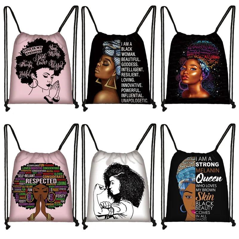 Brown African Girls Drawstring Bag Women Travel Backpack
