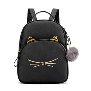Cartoon Cat PU Leather Women Backpack School Bags
