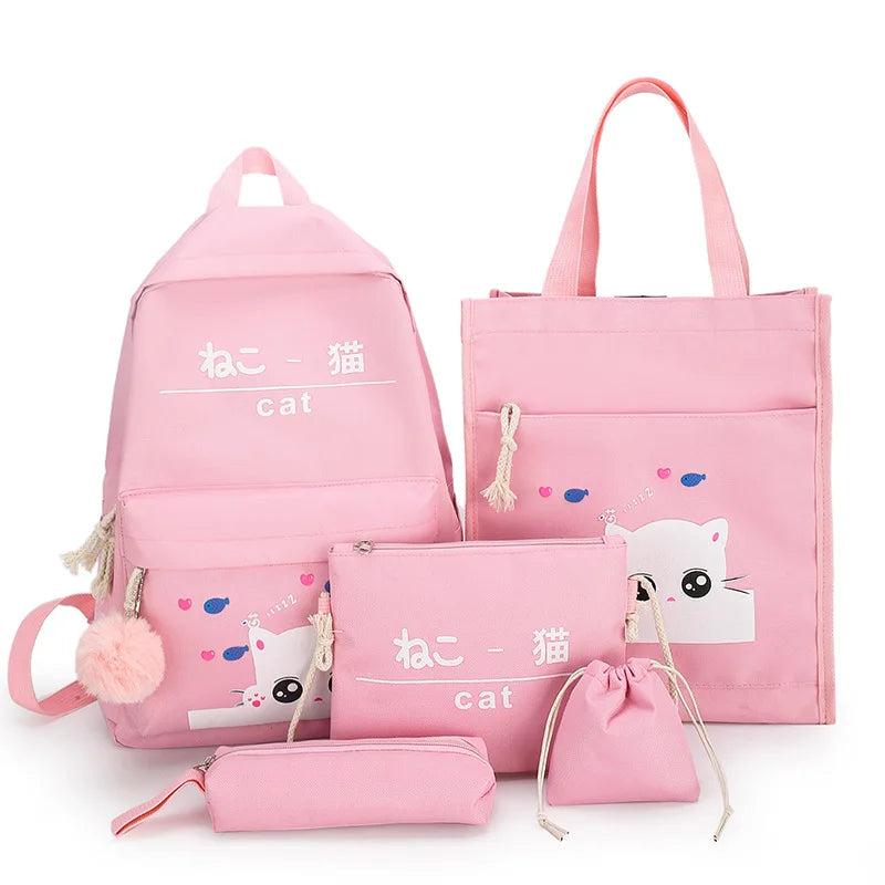 Cat Pattern Canvas Schoolbag Set with Tote and Pencil Case