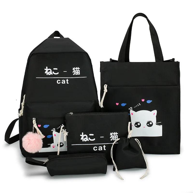Cat Pattern Canvas Schoolbag Set with Tote and Pencil Case