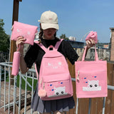 Cat Pattern Canvas Schoolbag Set with Tote and Pencil Case