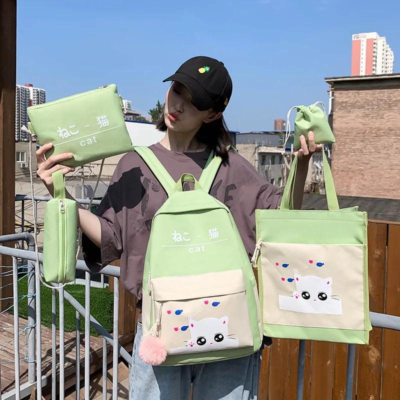 Cat Pattern Canvas Schoolbag Set with Tote and Pencil Case