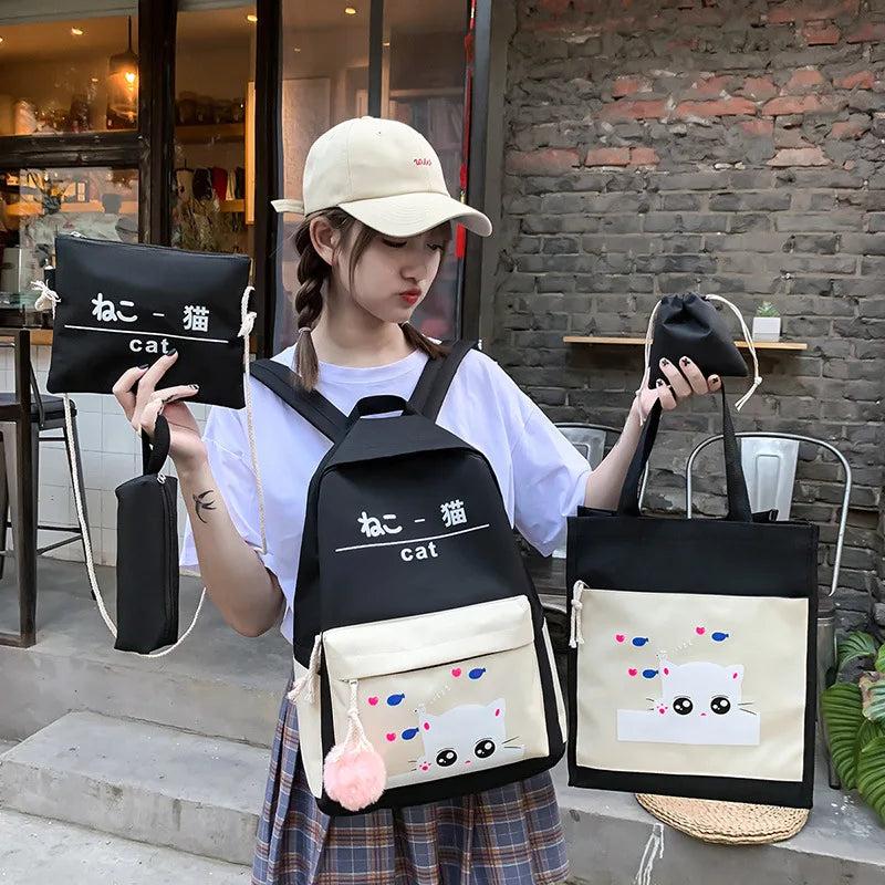 Cat Pattern Canvas Schoolbag Set with Tote and Pencil Case