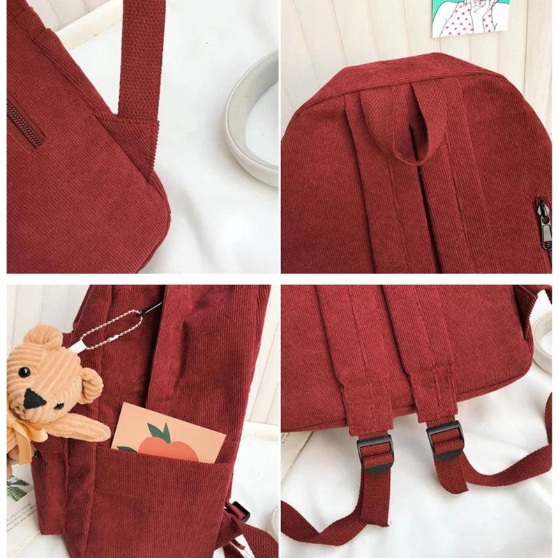 Casual Corduroy Backpack with Pendant School Bag Travel Daypack
