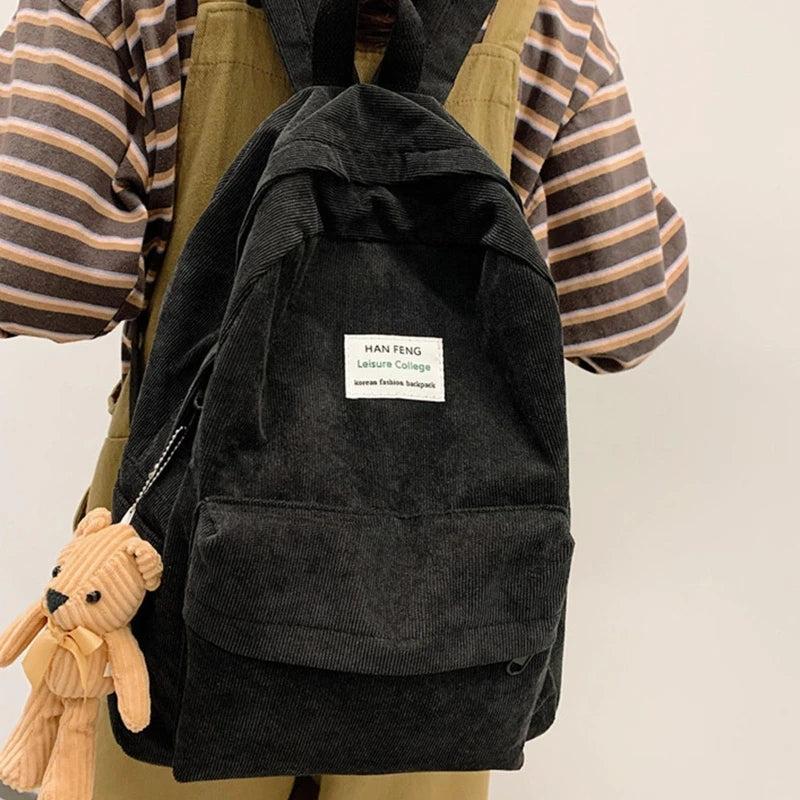 Casual Corduroy Backpack with Pendant School Bag Travel Daypack