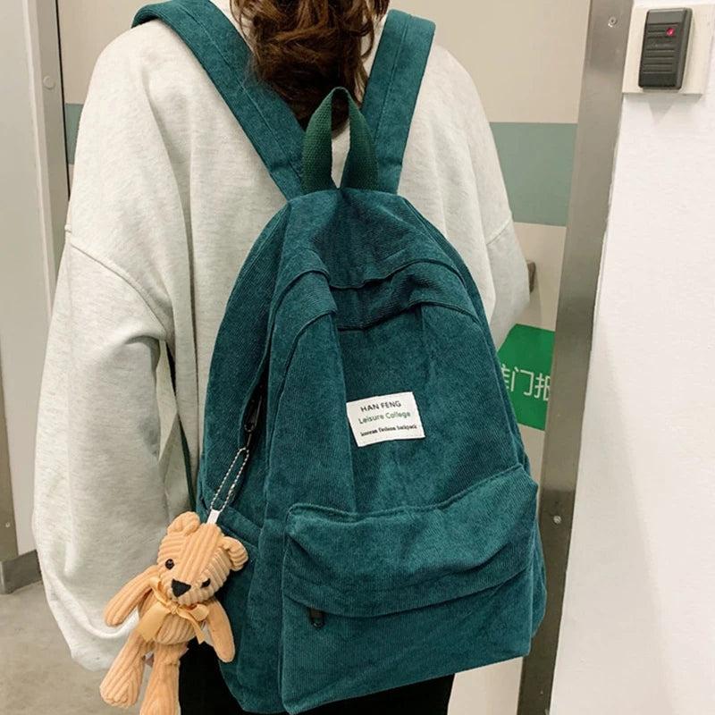 Casual Corduroy Backpack with Pendant School Bag Travel Daypack