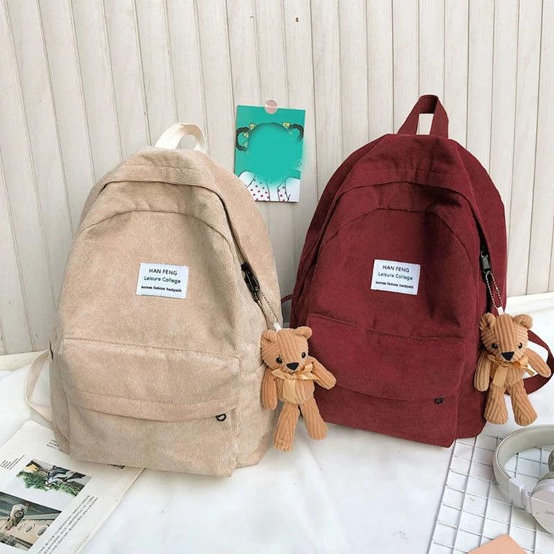 Casual Corduroy Backpack with Pendant School Bag Travel Daypack