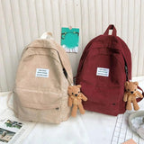 Casual Corduroy Backpack with Pendant School Bag Travel Daypack