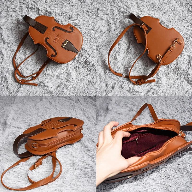 Brown Violin Shape Pu Leather Shoulder Bag for Teenage Girls
