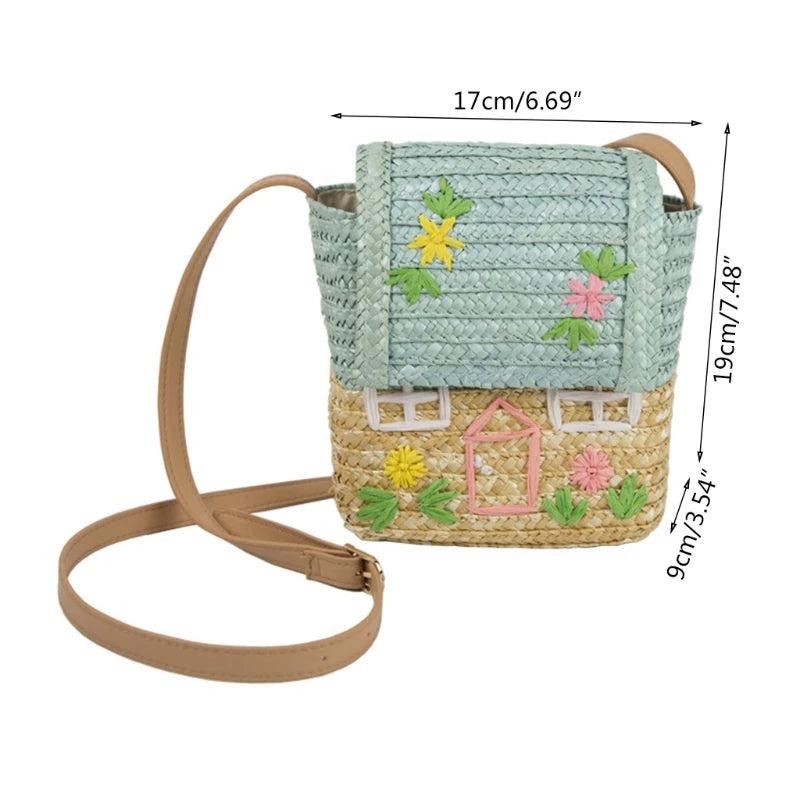 Cartoon House Print Woven Kids Shoulder Bag Straw Handbag Crossbody Purse