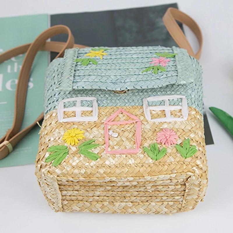 Cartoon House Print Woven Kids Shoulder Bag Straw Handbag Crossbody Purse