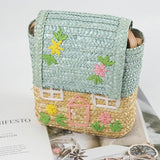 Cartoon House Print Woven Kids Shoulder Bag Straw Handbag Crossbody Purse