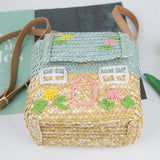 Cartoon House Print Woven Kids Shoulder Bag Straw Handbag Crossbody Purse