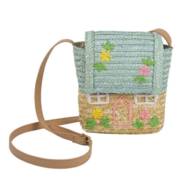 Cartoon House Print Woven Kids Shoulder Bag Straw Handbag Crossbody Purse