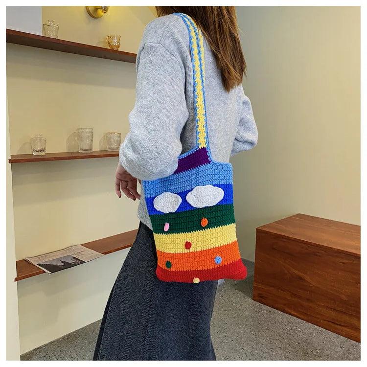 Casual Rainbow Colors Woven Shoulder Bags Large Capacity Tote Beach Bag