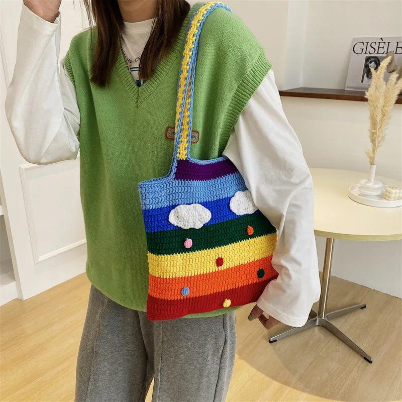 Casual Rainbow Colors Woven Shoulder Bags Large Capacity Tote Beach Bag