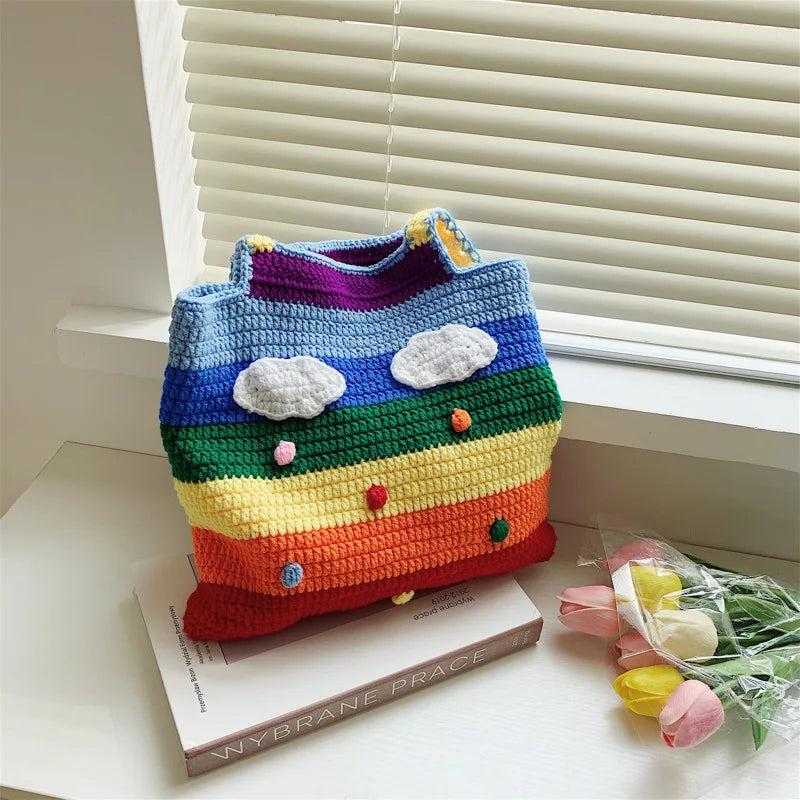 Casual Rainbow Colors Woven Shoulder Bags Large Capacity Tote Beach Bag