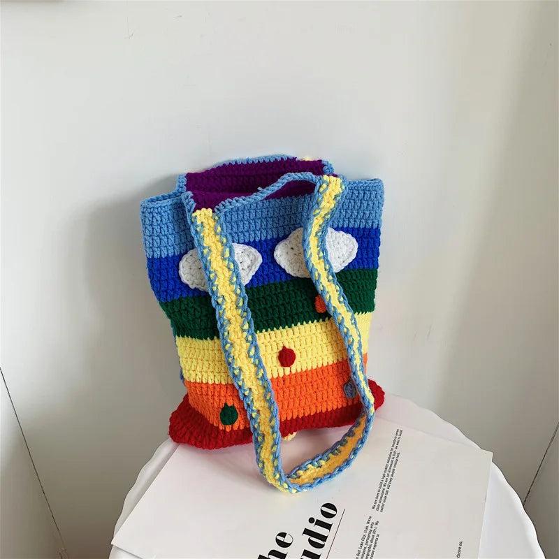 Casual Rainbow Colors Woven Shoulder Bags Large Capacity Tote Beach Bag