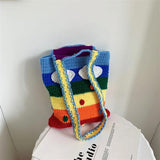 Casual Rainbow Colors Woven Shoulder Bags Large Capacity Tote Beach Bag