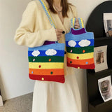Casual Rainbow Colors Woven Shoulder Bags Large Capacity Tote Beach Bag