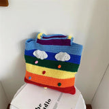 Casual Rainbow Colors Woven Shoulder Bags Large Capacity Tote Beach Bag