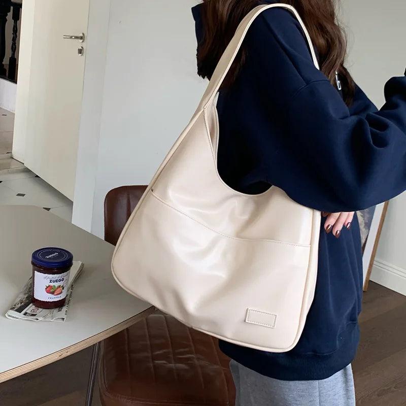 Casual Shoulder Bag Large Capacity PU Leather Wide Straps Tote Bag