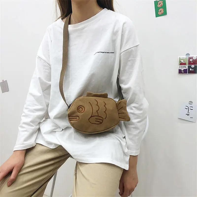 Cartoon Fish Canvas Ladies Messenger Bag Casual Female Small Shoulder Bags
