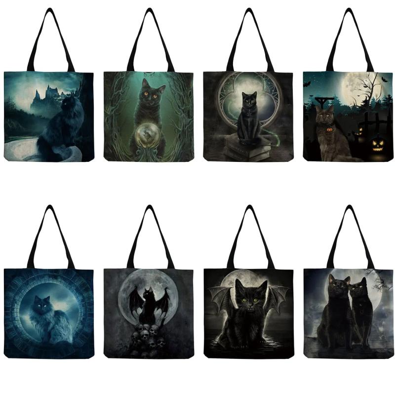 Cat Print Shopper Bag Eco Friendly Handbag Cartoon Animal Portable High Capacity