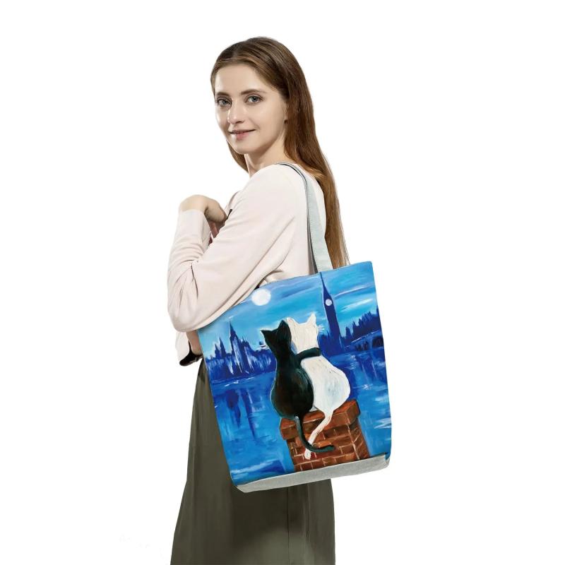 Cat Print Shopping Bag Large Capacity Tote Handbag Shoulder Bag Japanese Pattern