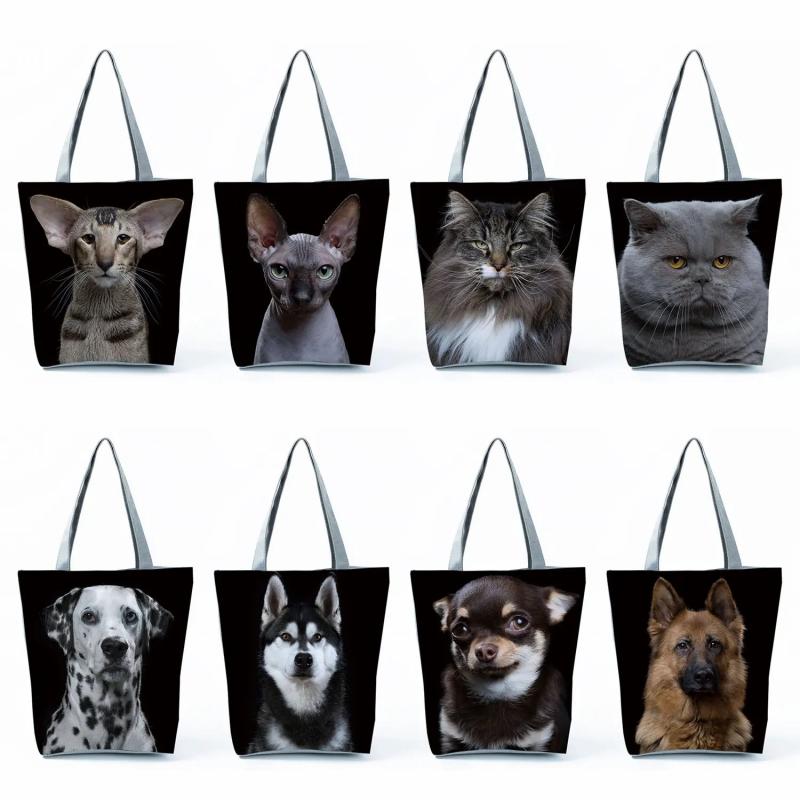 Cat Dog Printed Women Handbags Animal Tote Shoulder Bags Large Capacity