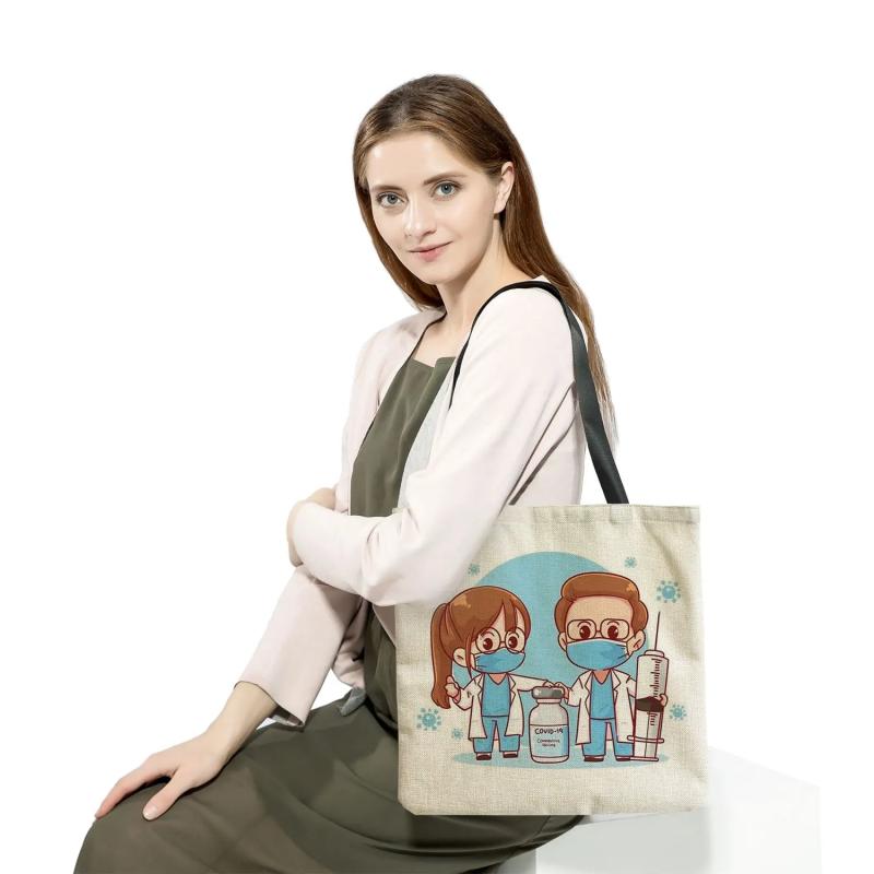 Cartoon Nurse Print Tote Bag Women Reusable Shoulder Handbag
