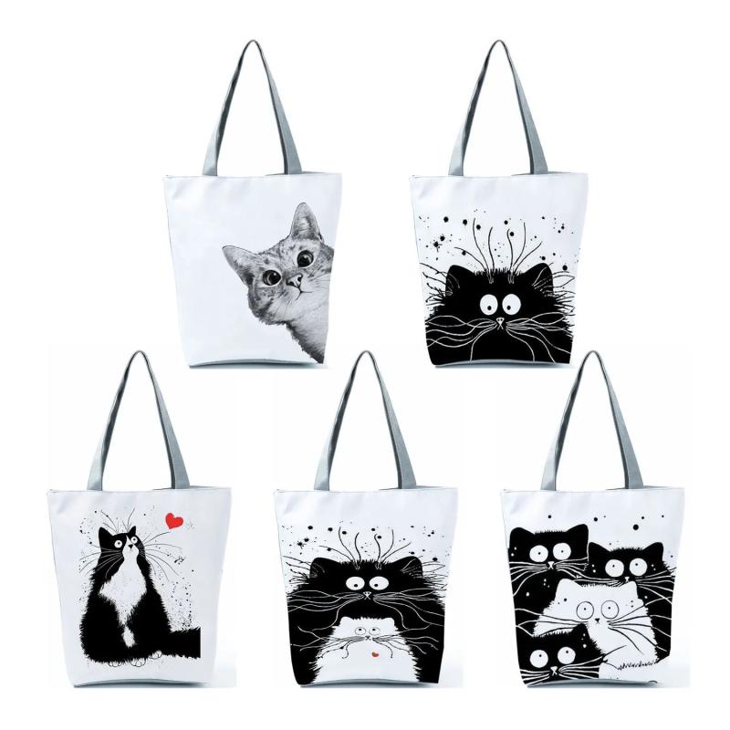 Cat Print Eco Tote Shopping Bag Women Handbag Polyester Beach Bags