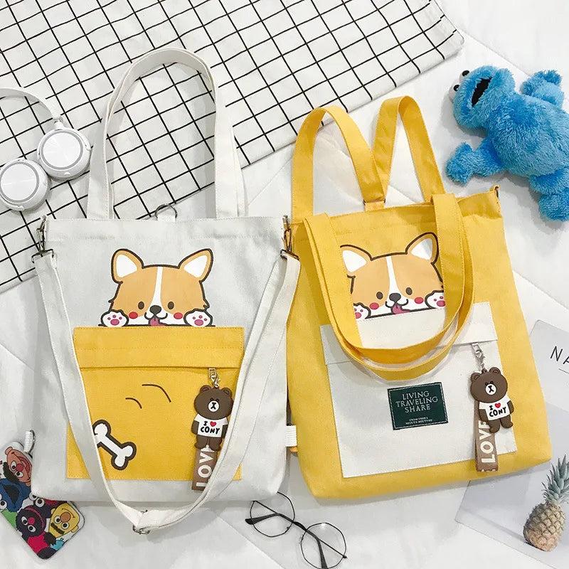 Cartoon Dog Canvas Shoulder Bag Foldable Shopping Tote
