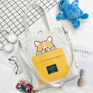 Cartoon Dog Canvas Shoulder Bag Foldable Shopping Tote