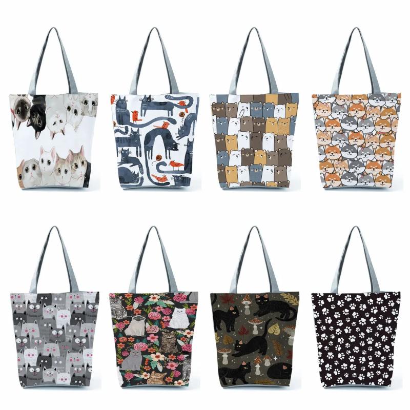 Cartoon Floral Cat Reusable Foldable Shopping Bag