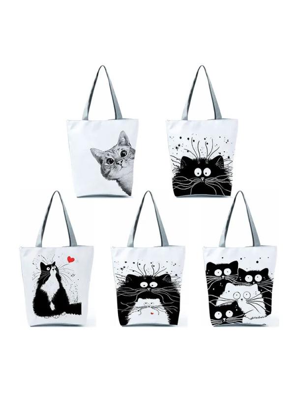 Cat Women Handbags Foldable Harajuku Eco Totes Daily Casual Bags