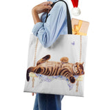Cat Print Canvas Shoulder Bag Large Capacity Tote