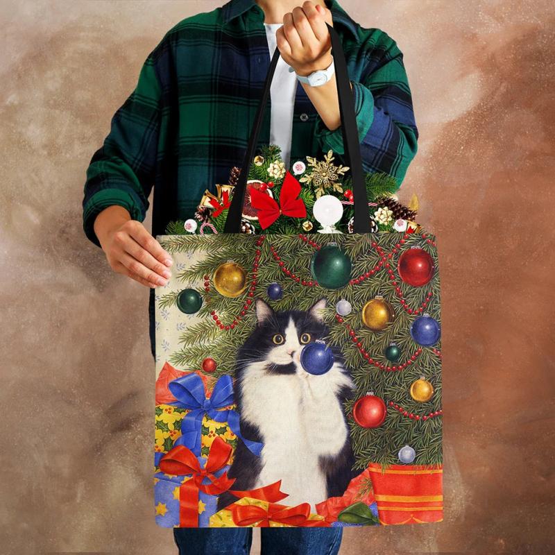Cat Print Canvas Shoulder Bag Large Capacity Tote