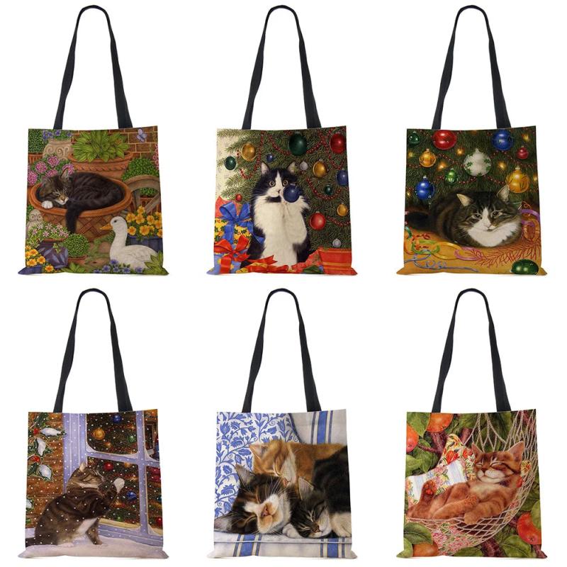 Cat Print Canvas Shoulder Bag Large Capacity Tote