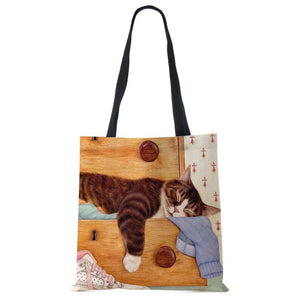 Cat Print Canvas Shoulder Bag Large Capacity Tote