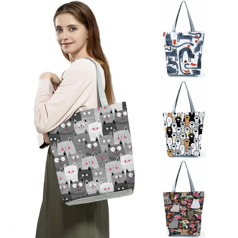 Cat Floral Print Foldable Reusable Shoulder Bag Eco Tote Women Shopping