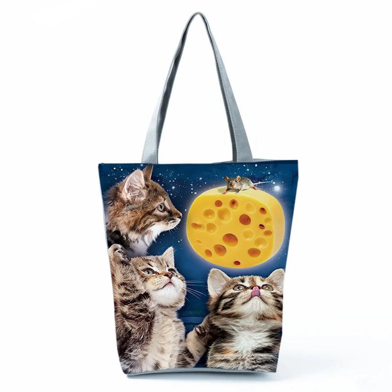 Cartoon Cat And Mouse Printed Women Shopping Bag Animal Large Capacity Shoulder