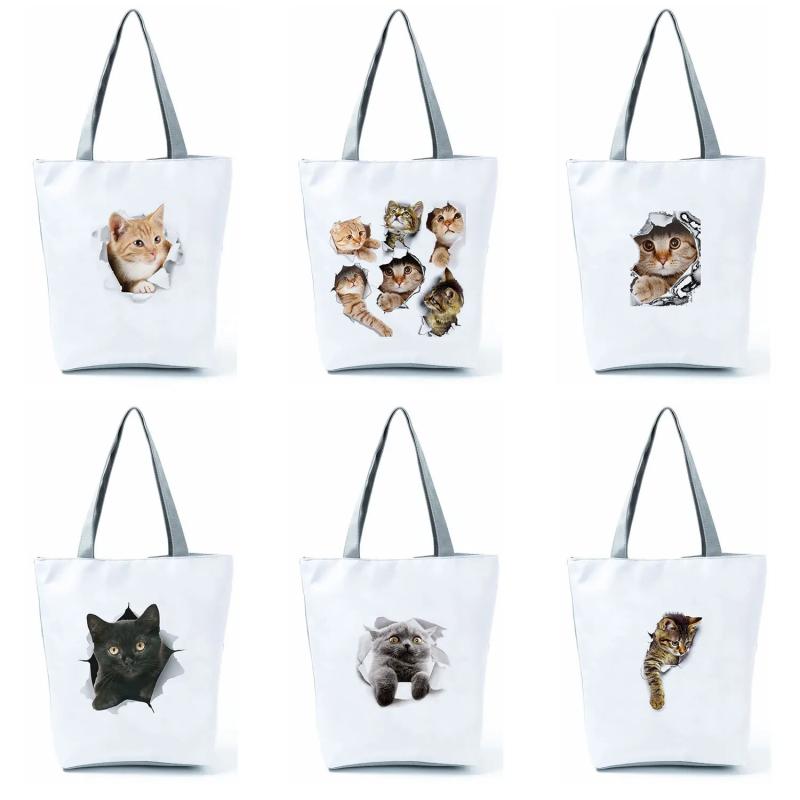 Cat Printed Storage Handbag Large Capacity Reusable Shopping Bag
