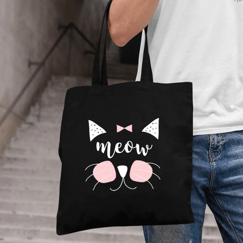 Cat Print Tote Bag for Women Foldable Canvas Handbag Eco Zipper