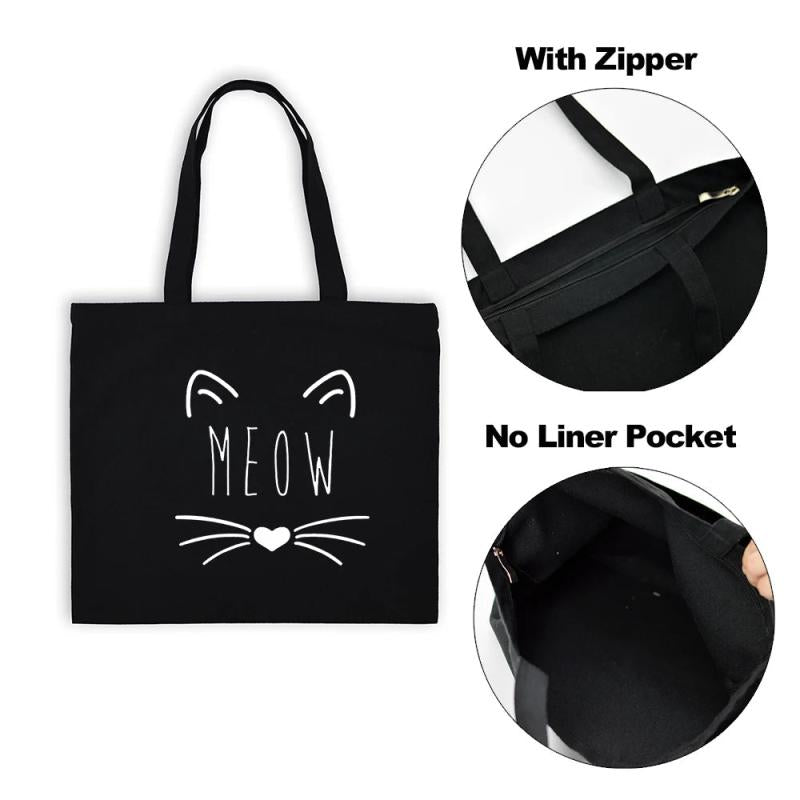 Cat Print Tote Bag for Women Foldable Canvas Handbag Eco Zipper