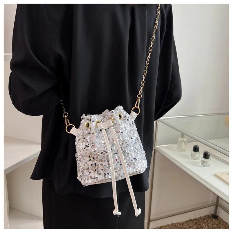 Bucket Shape Shoulder Bag Women Chains Sequined Handbag Purse