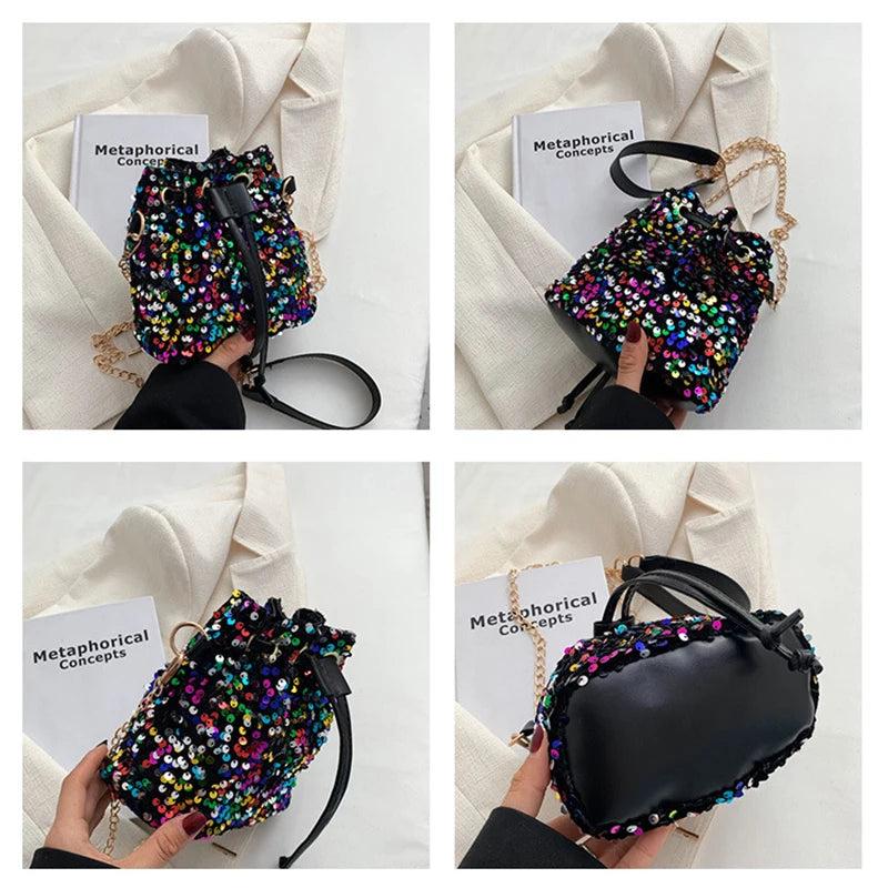 Bucket Shape Shoulder Bag Women Chains Sequined Handbag Purse
