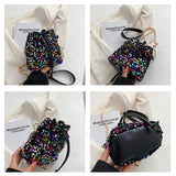 Bucket Shape Shoulder Bag Women Chains Sequined Handbag Purse