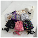 Bucket Shape Shoulder Bag Women Chains Sequined Handbag Purse