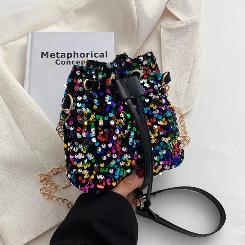 Bucket Shape Shoulder Bag Women Chains Sequined Handbag Purse